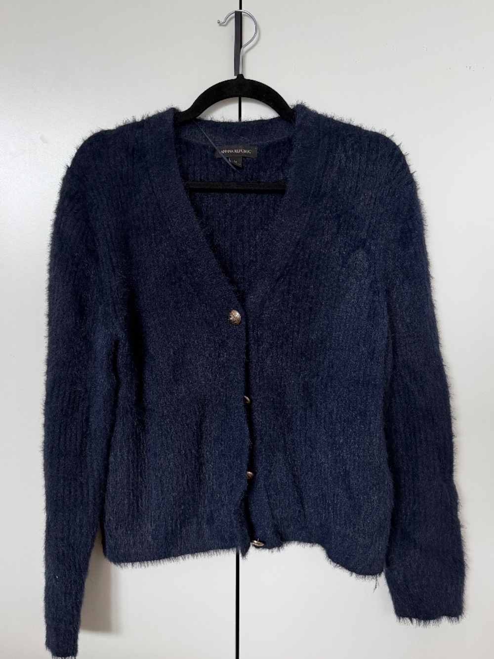 Banana Republic Navy Fuzzy Knit Cardigan Gold Button V-Neck Size M